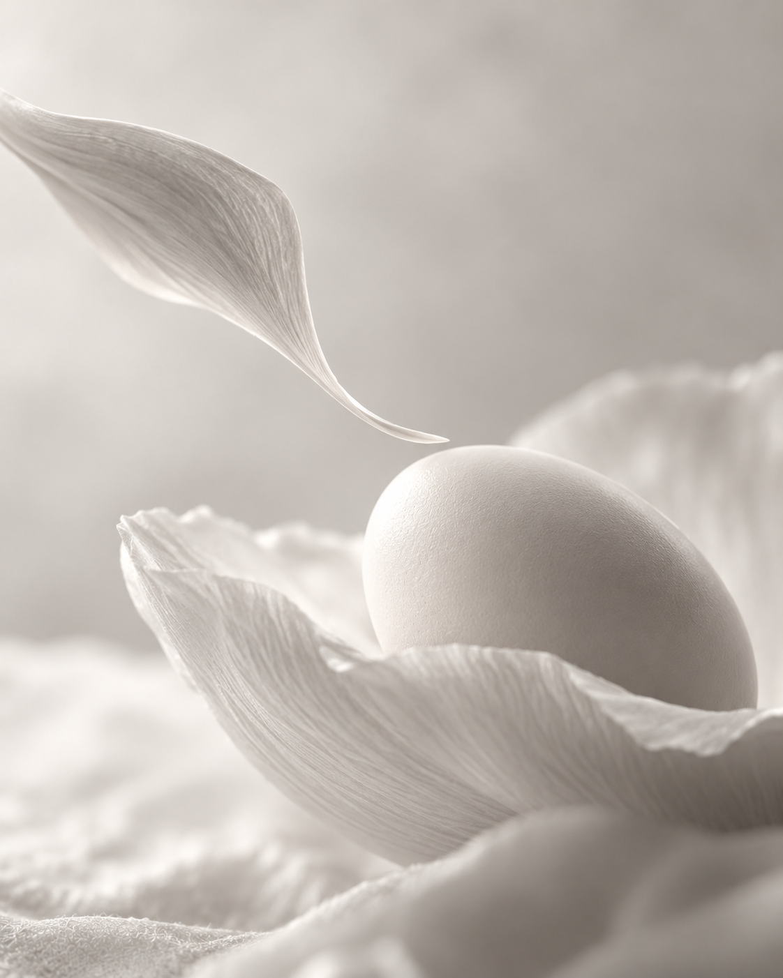 An egg nestled among delicate pale petals on soft linen