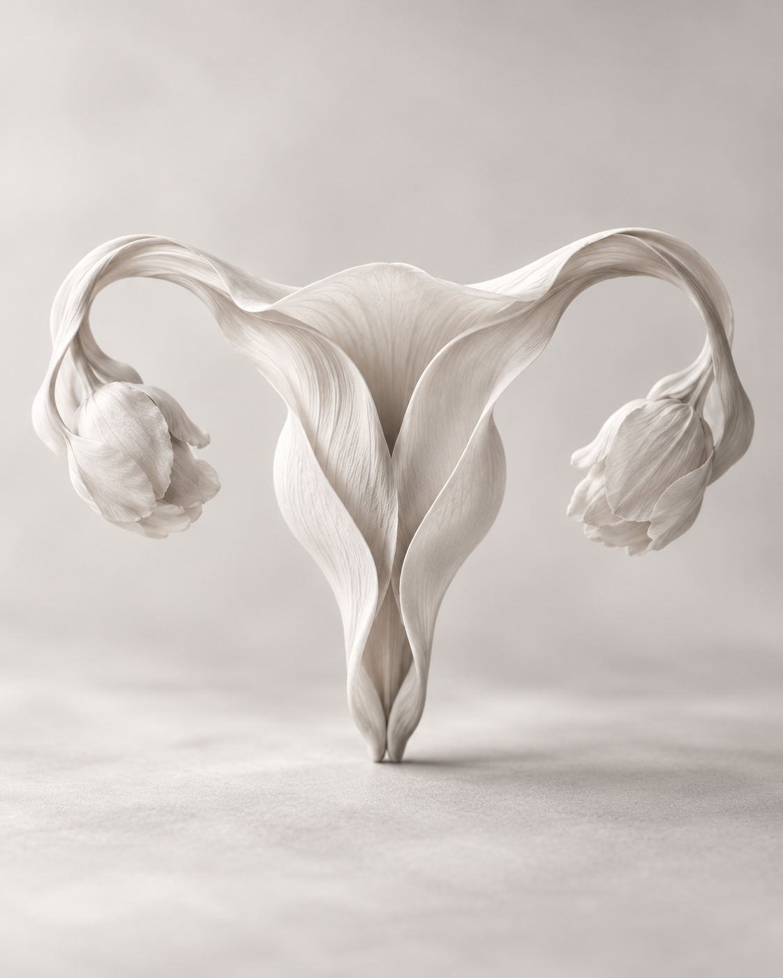 Delicate pale petals arranged in a sculptural form inspired by the female reproductive system