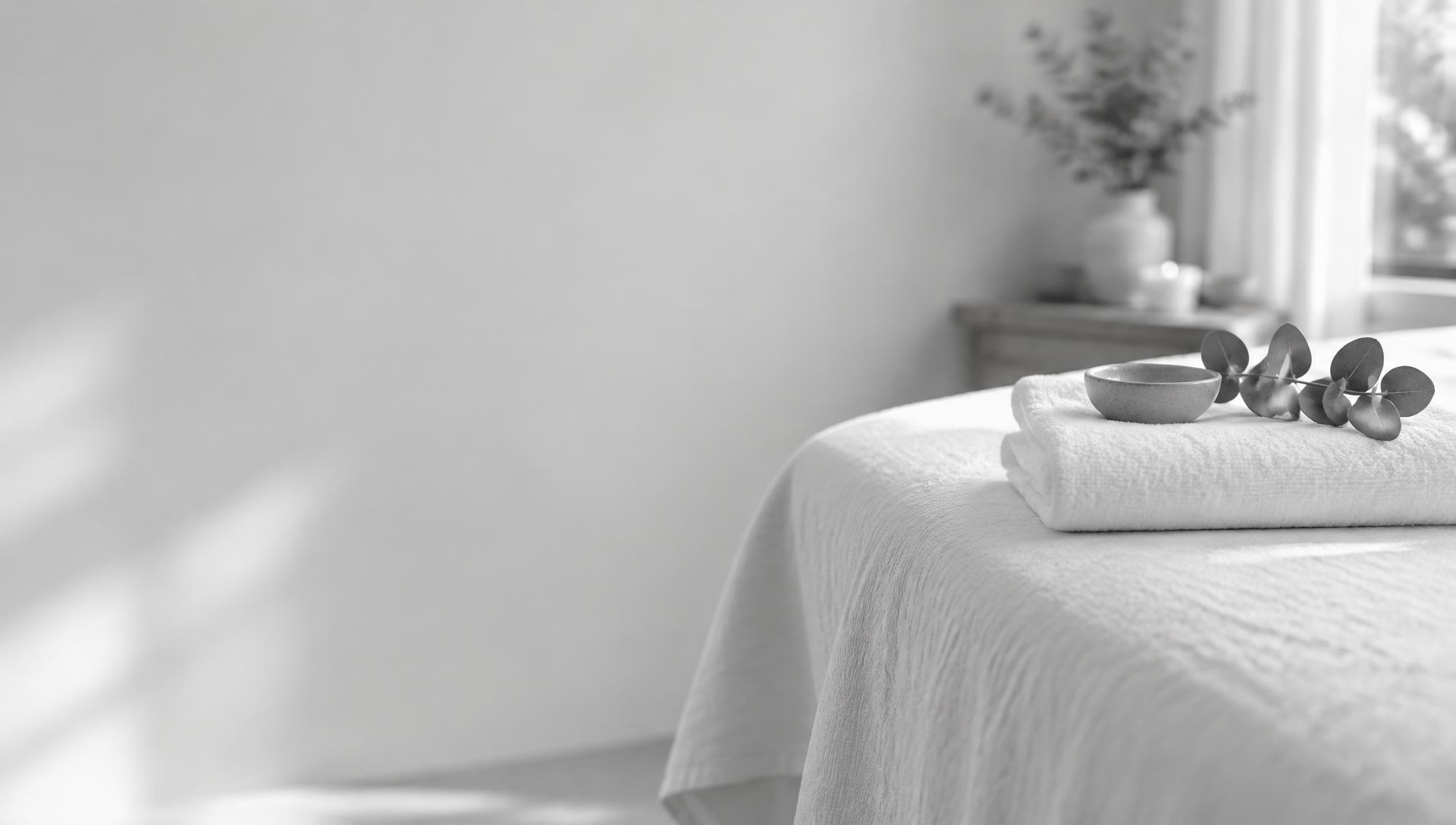 Folded linen and eucalyptus on a treatment table in soft natural light
