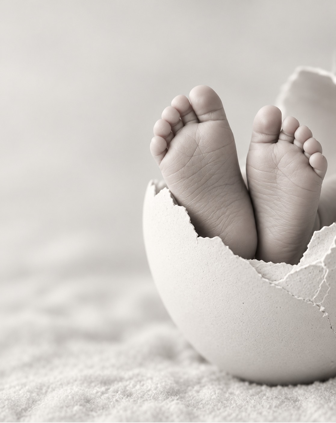 Newborn baby feet resting upright in a cracked eggshell on a soft blanket, in soft black and white